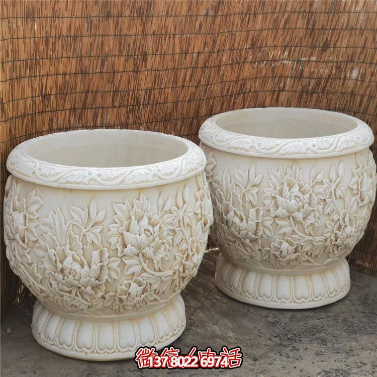 漢白玉浮雕荷花養魚缸，精美庭院裝飾戶外中式花盆