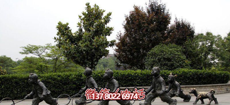 推鐵環，兒童奔跑，公園雕塑銅雕