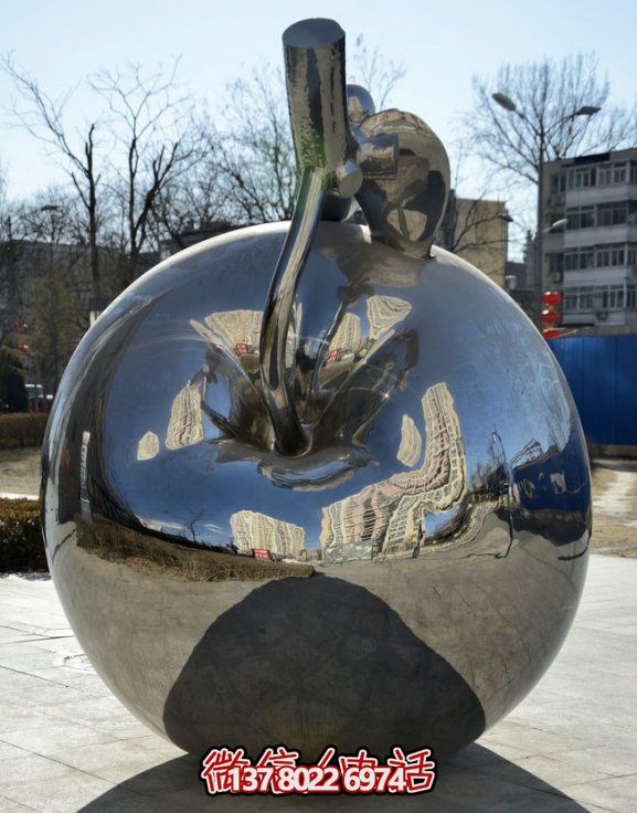 不銹鋼雕塑，鏡面蘋果，適合戶外擺放的精美裝飾