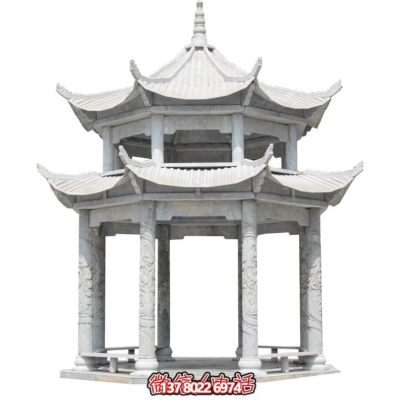 精美大理石雙層柱涼亭，雕塑點綴休息亭