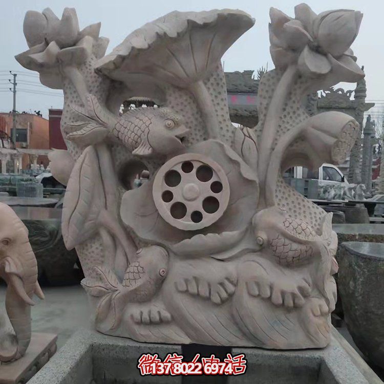 紅晚霞石雕園林景區(qū)浮雕荷花魚(yú)噴泉