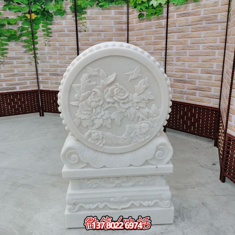 中式風格天然漢白玉石雕抱鼓浮雕門墩，花開富貴