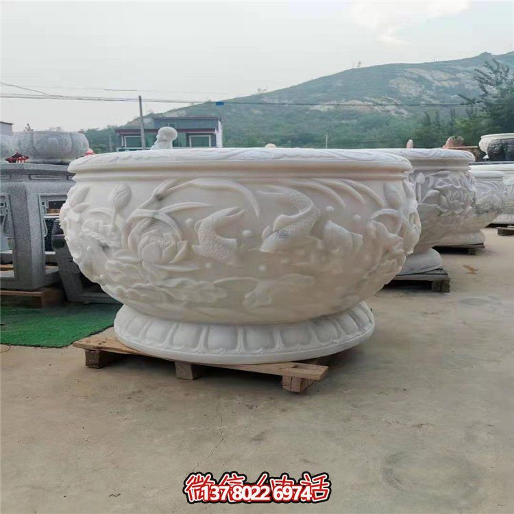 古典經(jīng)典，漢白玉鯉魚雕刻圓形水缸