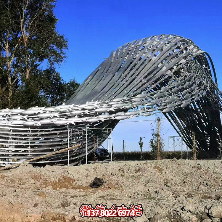 沖浪魚群、水波不銹鋼景觀雕塑